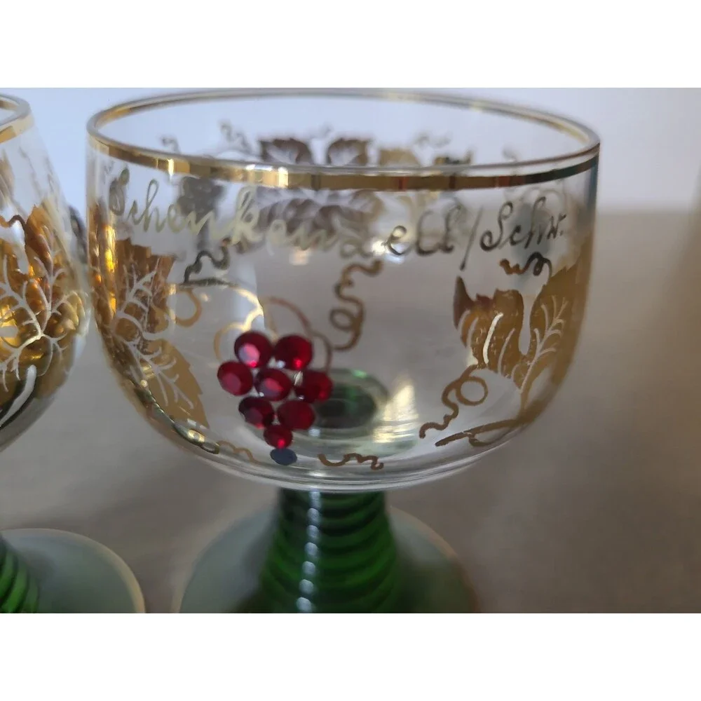 Set 2 Wittig Romer German Green Beehive Stem Gold Grapevine Cordial Glasses 4”